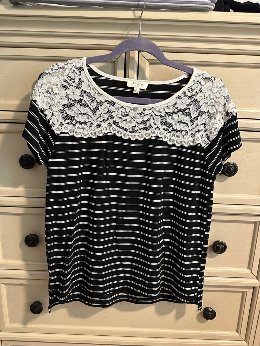 Umgee Black & White Striped Tee with Lace Yoke